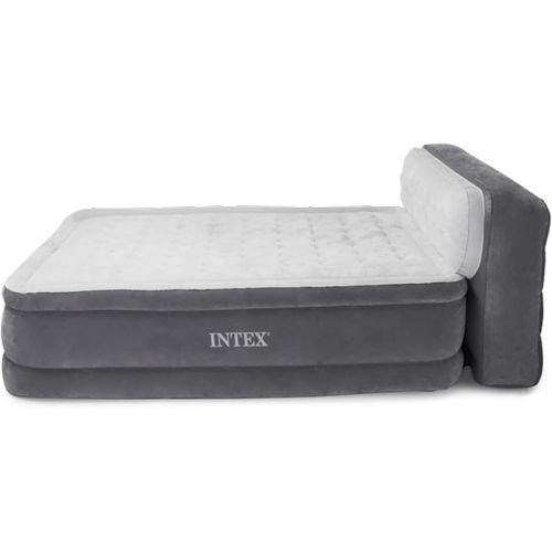 인텍스 Intex Dura-Beam Ultra Plush Inflatable Pillow Top Bed Air Mattress with Headboard, Built-in Internal Electric Pump and Carry Storage Bag, Queen, Gray