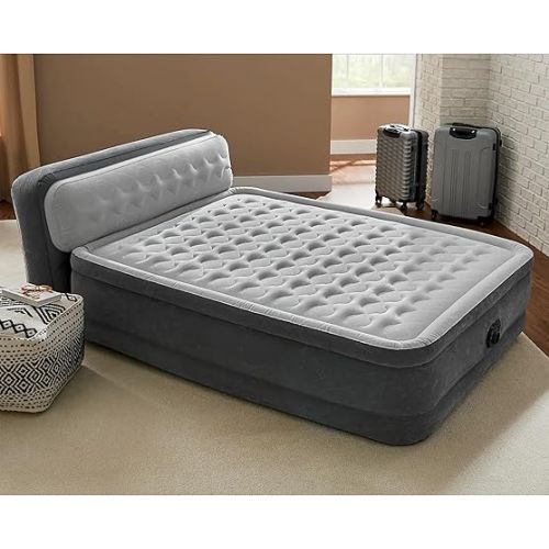 인텍스 Intex Dura-Beam Ultra Plush Inflatable Pillow Top Bed Air Mattress with Headboard, Built-in Internal Electric Pump and Carry Storage Bag, Queen, Gray