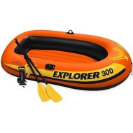 Intex Explorer 300 Compact 83 Inch Long 46 Inch Wide Inflatable Fishing 3 Person Raft Boat with High Output Pump and 2 French Oars