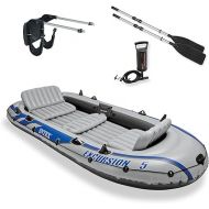Intex Excursion 5 Person Inflatable Outdoor Fishing Raft Boat Set with 2 Aluminum Oars and Air Pump with a Composite Motor Mount Kit