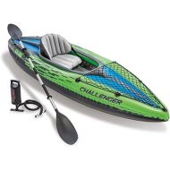 Intex Challenger K1 Kayak 1 Man Inflatable Canoe with Aluminum Oars and Hand Pump, Green/Blue