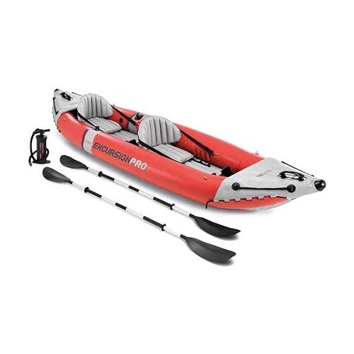 인텍스 Intex Excursion Pro Inflatable 2 Person Vinyl Kayak with Oars and Air Pump for Touring Kayaks, Water Sports, and Outdoor Use, Red