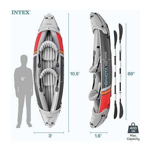 인텍스 Intex Dakota K2 2 Person Inflatable Vinyl Kayak and Accessory Kit with 86 Inch Oars, Air Pump, and Carry Bag for Lakes and Rivers, Gray and Red