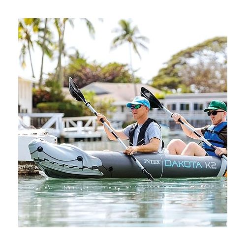 인텍스 Intex Dakota K2 2 Person Inflatable Vinyl Kayak and Accessory Kit with 86 Inch Oars, Air Pump, and Carry Bag for Lakes and Rivers, Gray and Red