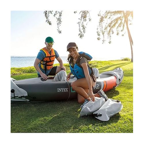 인텍스 Intex Dakota K2 2 Person Inflatable Vinyl Kayak and Accessory Kit with 86 Inch Oars, Air Pump, and Carry Bag for Lakes and Rivers, Gray and Red