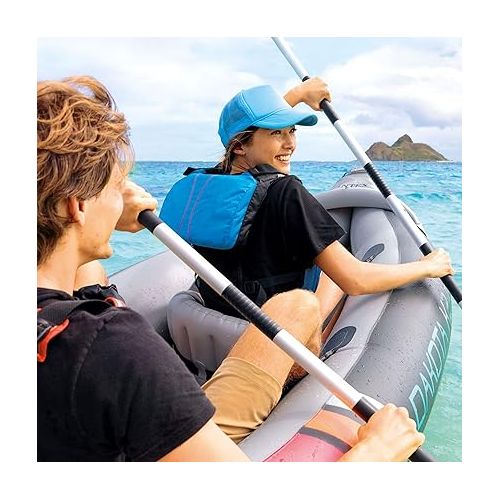 인텍스 Intex Dakota K2 2 Person Inflatable Vinyl Kayak and Accessory Kit with 86 Inch Oars, Air Pump, and Carry Bag for Lakes and Rivers, Gray and Red