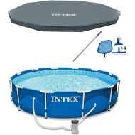 INTEX 12 x 2.5 Foot Metal Frame Above Ground Swimming Pool, Type A Filter, Protective Cover, and Complete Maintenance Kit with Vacuum Skimmer and Pole