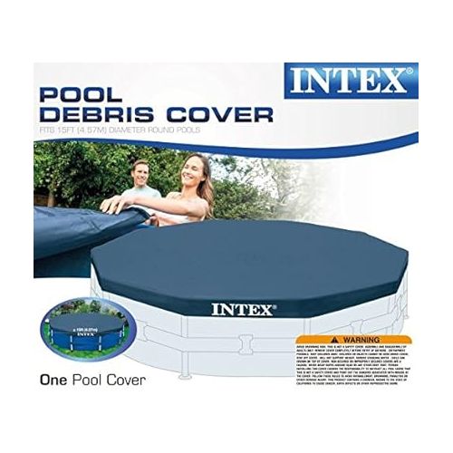 인텍스 INTEX 28032E Pool Cover: for 15ft Round Metal Frame Pools - Includes Rope Tie - Drain Holes - 10in Overhang - Snug Fit