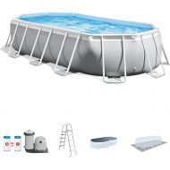 Intex 26795EH Prism Frame 16.5ft x 9ft x 48in Outdoor Above Ground Oval Swimming Pool Set with Filter Pump, Pool Cover and Ladder, Gray