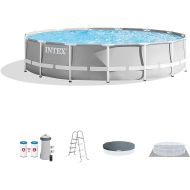 Intex 15 Foot x 42 Inch Prism Frame Above Ground Outdoor Backyard Swimming Pool Set with 1000 GPH Filter Pump, Ladder, and Secure Pool Cover, Gray