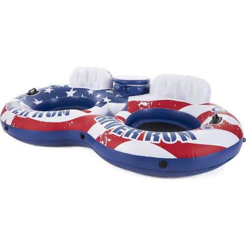인텍스 Intex 56855VM River Run Inflatable American Flag 2 Person Water Lounge Pool Tube Float with Cooler