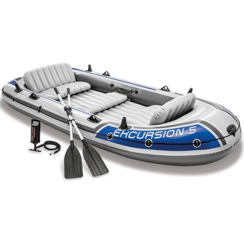 인텍스 Intex Excursion 5, 5-Person Inflatable Boat Set with Aluminum Oars and High Output Air Pump (Latest Model)