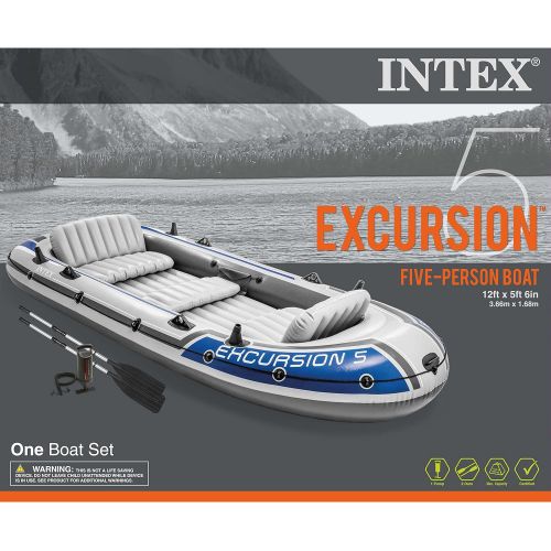 인텍스 Intex Excursion 5, 5-Person Inflatable Boat Set with Aluminum Oars and High Output Air Pump (Latest Model)