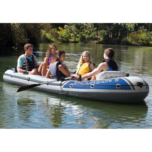 인텍스 Intex Excursion 5, 5-Person Inflatable Boat Set with Aluminum Oars and High Output Air Pump (Latest Model)