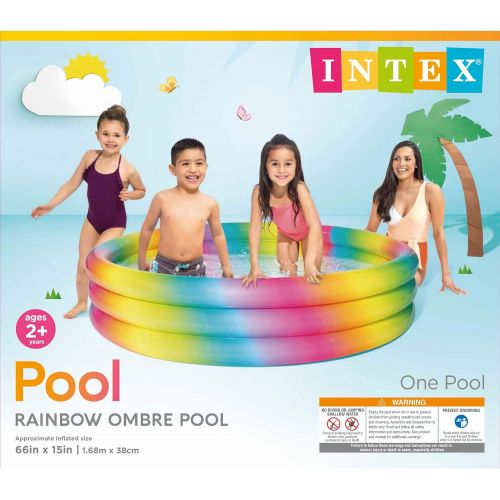 인텍스 Intex 58449EP Rainbow Ombre 3 Ring Circular Inflatable Outdoor Swimming Pool with for Kids Ages 2 Years or Older with Repair Patch