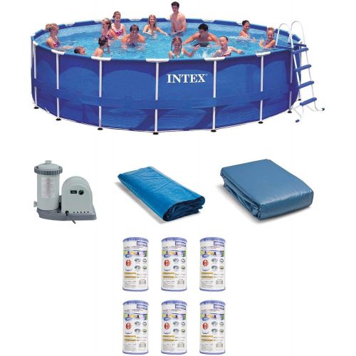 인텍스 Intex 28253EH 18ft x 48in Metal Frame Swimming Pool Set with 120V 1,500 GPH Cartridge Filter Pump, 6 Filter Cartridges, Ladder, and Ground Cloth