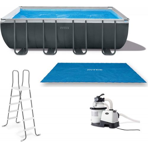 인텍스 Intex 26355EH Ultra 18ft x 9ft x 52in Ultra XTR Rectangular Frame Pool with Solar Cover, Ladder, Ground Cloth, and 120V 1,200 GPH Sand Filter Pump