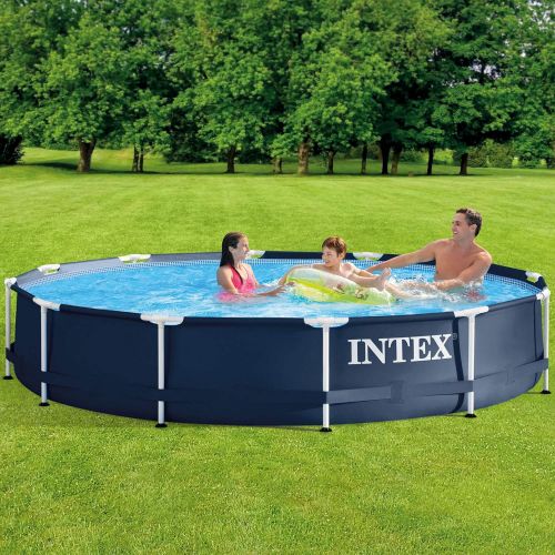 인텍스 Intex 28211ST 12-foot x 30-inch Metal Frame Round 6 Person Outdoor Backyard Above Ground Swimming Pool with Krystal Klear Filter Cartridge Pump, Navy