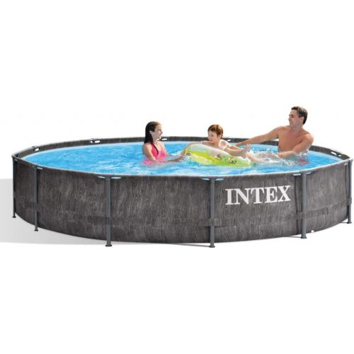 인텍스 Intex 26749ST 12 Foot x 30 Inch Round Greywood Prism Steel Frame Premium Above Ground Pool Set with Filter Cartridge Pump & Pool Liner, Gray Woodgrain