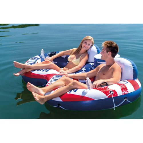 인텍스 Intex American Flag 2 Person Pool Tube Float with Cooler Bundled with Air Pump
