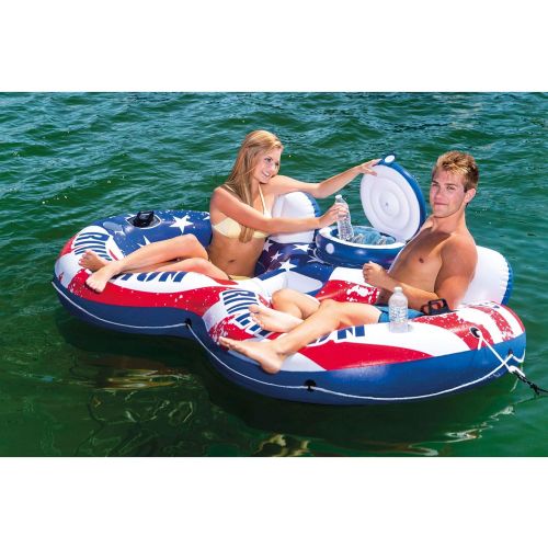 인텍스 Intex American Flag 2 Person Pool Tube Float with Cooler Bundled with Air Pump