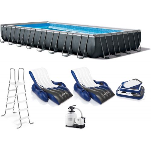 인텍스 Intex 26377EH 32ft x 16ft x 52in Ultra XTR Frame Above Ground Rectangular Swimming Pool Set with 2 Inflatable Recliner Lounge Chairs and Cooler Float
