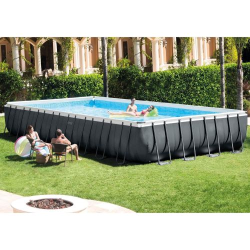 인텍스 Intex 26377EH 32ft x 16ft x 52in Ultra XTR Frame Above Ground Rectangular Swimming Pool Set with 2 Inflatable Recliner Lounge Chairs and Cooler Float