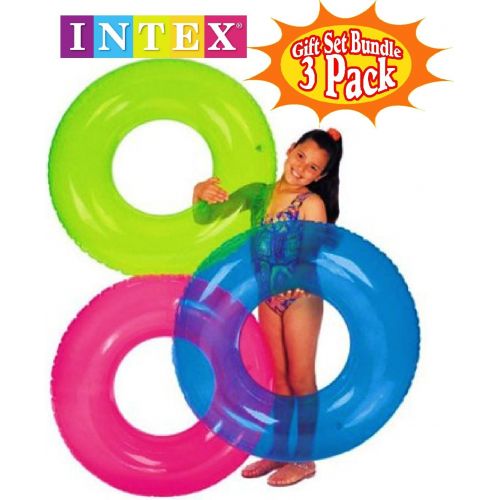 인텍스 Intex Transparent Inflatable Tubes (30) Aqua, Lime & Pink Complete Gift Set Bundle with Bonus Mattys Toy Stop 16 Beach Ball - 3 Pack