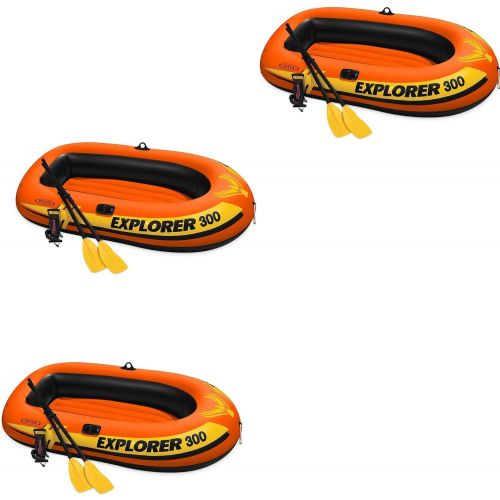 인텍스 Intex Explorer 300 Inflatable Fishing 3 Person Raft Boat w/Pump & Oars (3 Pack)