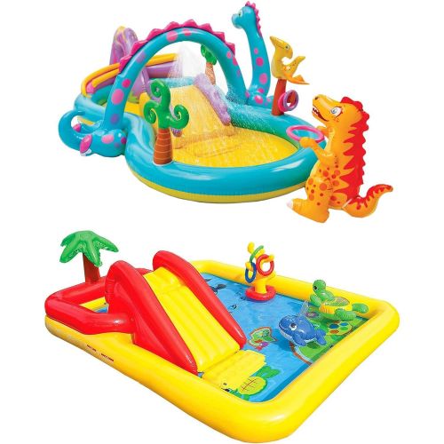 인텍스 Intex Dinoland Backyard Kiddie Inflatable Swimming Pool and Inflatable Ocean Play Center Pool with Slides, Water Sprayers, Toys, and Games