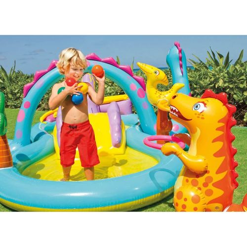 인텍스 Intex Dinoland Backyard Kiddie Inflatable Swimming Pool and Inflatable Ocean Play Center Pool with Slides, Water Sprayers, Toys, and Games