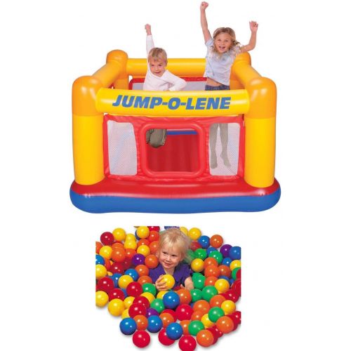 인텍스 Intex Inflatable Colorful Jump-O-Lene Indoor Outdoor Bouncy Kids Ball Pit Castle Jumper Bounce House for Kids Ages 3-6 w/ 100 Play Balls