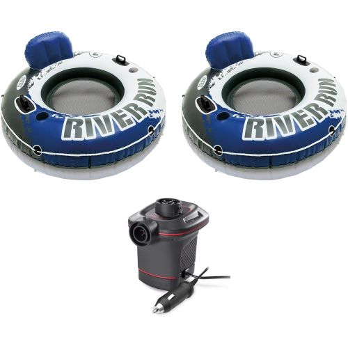 인텍스 Intex River Run 1 Person Floating Tube (2 Pack) and 12 Volt Electric Air Pump