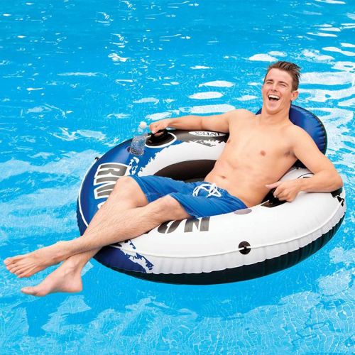 인텍스 Intex River Run 1 Person Inflatable Floating Water Tube Raft (4 Pack) with Mega Chill Inflatable 24 Can Beverage Cooler Holder for Lakes and Pools