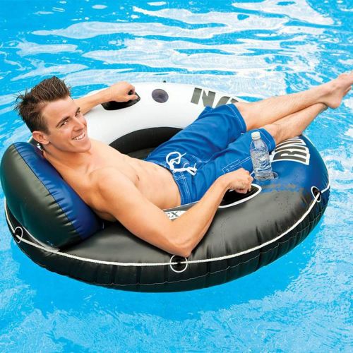 인텍스 Intex River Run 1 Person Inflatable Floating Water Tube Raft (4 Pack) with Mega Chill Inflatable 24 Can Beverage Cooler Holder for Lakes and Pools