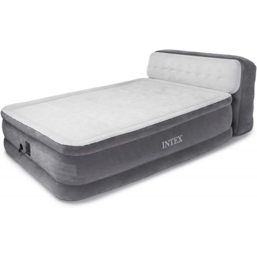 인텍스 Intex Dura-Beam Ultra Plush Inflatable Pillow Top Bed Air Mattress with Headboard, Built-in Internal Electric Pump and Carry Storage Bag, Queen, Gray