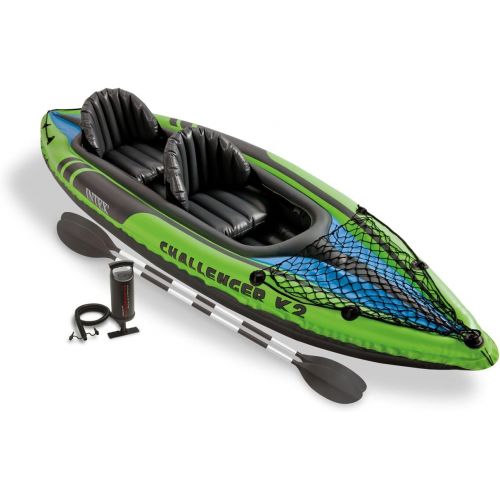 인텍스 Intex Challenger K2 2 Person Inflatable Kayak and Challenger K1 1 Person Inflatable Kayaks with Aluminum Oars and Hand Pump, (2 Pack)