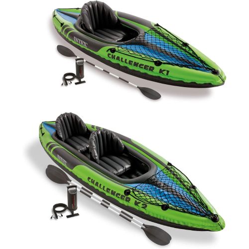 인텍스 Intex 1 Person Inflatable Kayak with a 86 Inch Oar and a 2 Person Inflatable Kayak with 84 Inch Oars and Hand Pump for Lakes and Mild Rivers