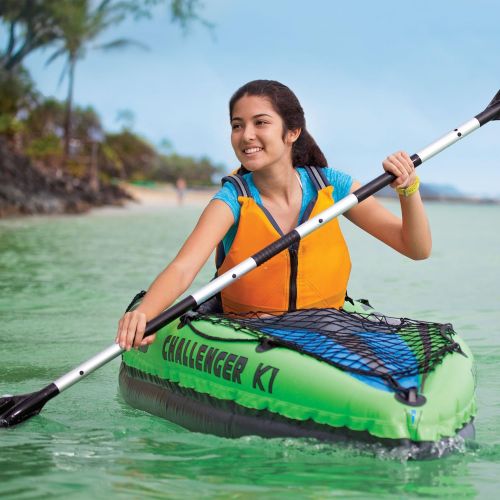 인텍스 Intex 1 Person Inflatable Kayak with a 86 Inch Oar and a 2 Person Inflatable Kayak with 84 Inch Oars and Hand Pump for Lakes and Mild Rivers