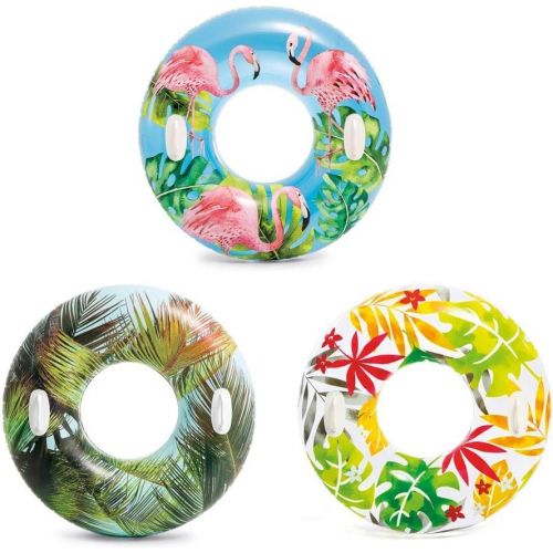 인텍스 Intex Inflatable Transparent Pool Tubes Pool Floats for Kids and Adults Floaties for Water Party, River, Lake, Set of 3 Assorted Tropical Designs Inner Tube Floats with 2 Heavy Dut