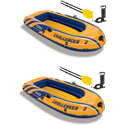 인텍스 Intex Challenger 2 Inflatable 2 Person Boat Raft Set w/Oars & Air Pump (2 Pack)