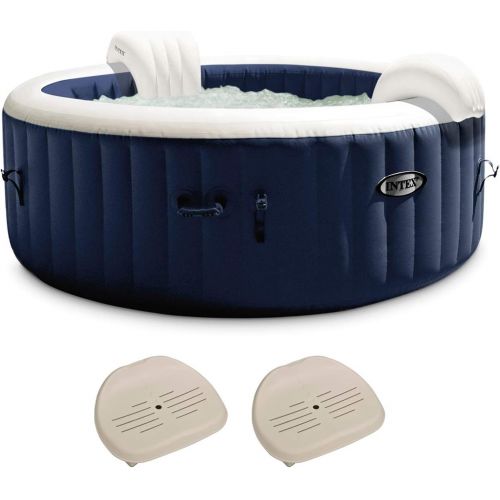 인텍스 Intex 28431E PureSpa Plus 85in x 25in Outdoor Portable Inflatable 6 Person Round Hot Tub Spa with 170 Bubble Jets, Cover, Built in Heater Pump, and 2 Non-Slip Seats, Navy