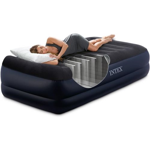 인텍스 Intex Dura-Beam Series Pillow Rest Raised Airbed with Fiber-Tech Construction and Built-In Pump, Twin, Bed Height 16.5