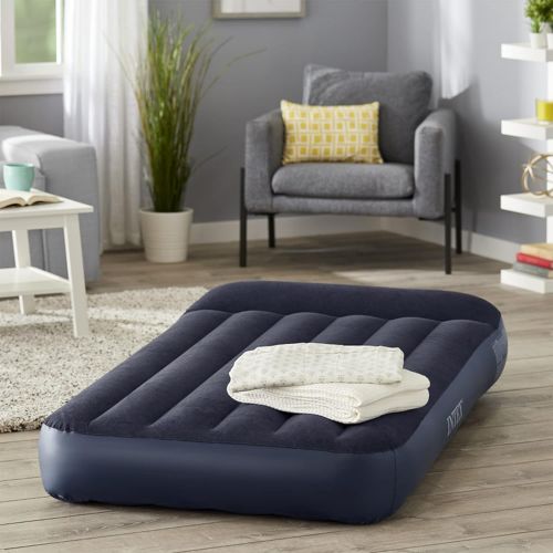 인텍스 Intex Dura Beam Pillow Rest Classic Blue Inflatable Blow Up Mattress Air Bed with Internal Built In Pump, Twin