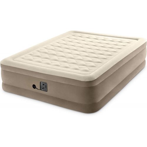 인텍스 Intex Ultra Plush Fiber-Tech 18 Inch High Queen Inflatable Airbed Elevated Air Mattress with Built-In Pump, Flocked Top, and Carry Bag, Tan