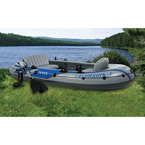 인텍스 Intex Excursion 4 Inflatable Raft Set w/ 2 Transom Mount 8 Speed Trolling Motors