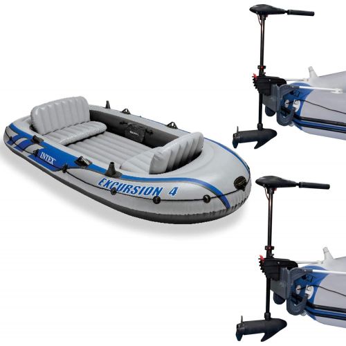 인텍스 Intex Excursion 4 Inflatable Raft Set w/ 2 Transom Mount 8 Speed Trolling Motors