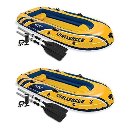 인텍스 Intex Challenger 3 Inflatable Water Boat Sport Activity Set with 48 Inch Long Aluminum Oars and Air Pump for 3 Users, (2 Pack)