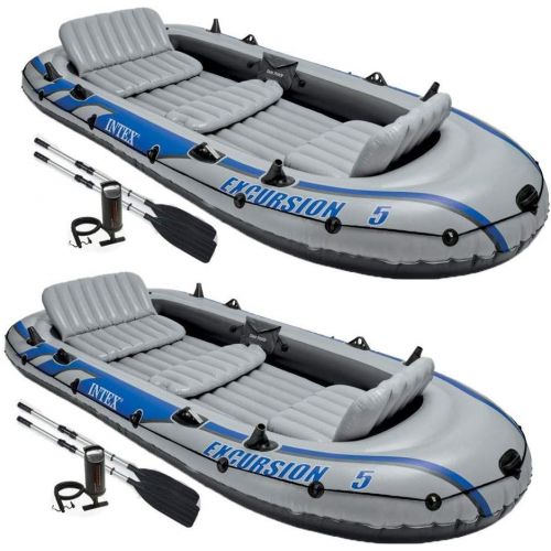 인텍스 Intex Excursion 5 Person Inflatable Rafting and Fishing Boat w/ 2 Oars