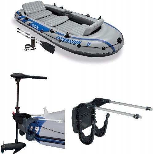 인텍스 Intex 5 Person Inflatable Fishing Boat, Trolling Motor, & Boat Motor Mount Kit